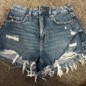 Blue denim garage shorts, size 23, high rise